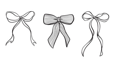 Vector set illustration of bows in trendy style for invitations to wedding, party, hair, postcard. Linear style, cartoon, doodle