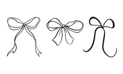 Vector set illustration of bows in trendy style for invitations to wedding, party, hair, postcard. Linear style, cartoon, doodle