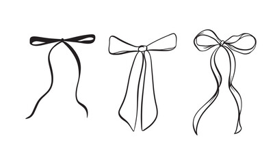 Vector set illustration of bows in trendy style for invitations to wedding, party, hair, postcard. Linear style, cartoon, doodle