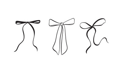 Vector set illustration of bows in trendy style for invitations to wedding, party, hair, postcard. Linear style, cartoon, doodle