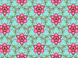 Seamless floral pattern features vivid pink flowers with yellow centers, resembling orchids, set against a light blue background. The flowers are symmetrically arranged, connected by brown vines
