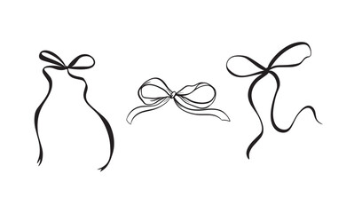 Vector set illustration of bows in trendy style for invitations to wedding, party, hair, postcard. Linear style, cartoon, doodle