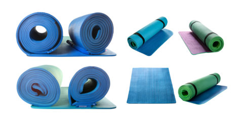 Colorful Exercise Yoga Mats for Fitness and Wellness Activities, isolated on transparent background