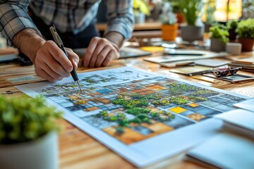 Fototapeta premium Image showcases custom home design meeting, featuring hands sketching plans with plants in background. Concept emphasizes planning for modern, sustainable living spaces