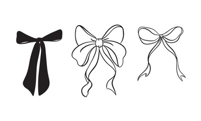 Vector set illustration of bows in trendy style for invitations to wedding, party, hair, postcard. Linear style, cartoon, doodle
