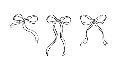 Vector set illustration of bows in trendy style for invitations to wedding, party, hair, postcard. Linear style, cartoon, doodle