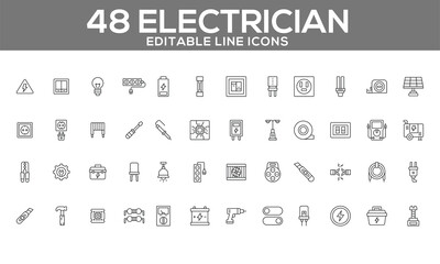 Electrician Line Icons Set | Editable Electrical Tools and Equipment Icons for Web and App Design