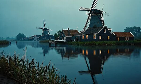 zaanse schans windmills at dawn video