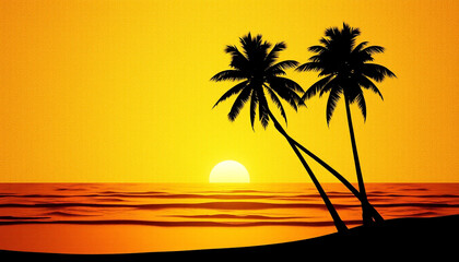 A beautiful tropical beach at sunset with palm trees casting shadows on the golden ocean waves, creating a tranquil and relaxing scenery perfect for travel and vacation inspiration.