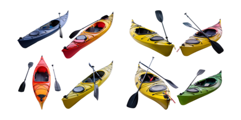 Colorful Kayaks in Various Designs Ready for Water Adventure, isolated on transparent background