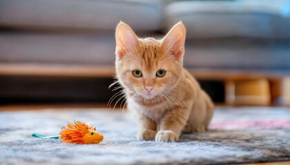 Obraz premium Curious orange tabby kitten explores cozy living room with soft rug and playful toy