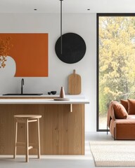 Modern Kitchen With Wooden Elements, Bright Sunlight Streaming Through Large Windows, Minimalist Design And Cozy Atmosphere