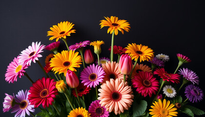 Fototapeta premium A beautiful floral arrangement of colorful daisies in pink, yellow, and orange against a dark background, creating a vibrant and artistic botanical composition full of freshness and natural beauty.