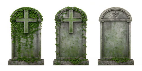 Three Different Styles of Old Weathered Gravestones, Moss and Ageing Effects, PNG Transparent
