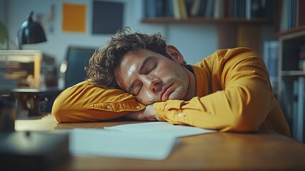 drowsy and overworked worker resting head on desk struggling with workplace burnout and stress