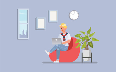 Obraz premium Man wear white shirt, working from home in a cozy office setting character vector illustration design.