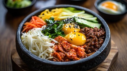 Bibimbap on a wooden background, traditional korean dish