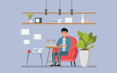 Man wear blue jacket jeans, working from home in a cozy office setting character vector illustration design.