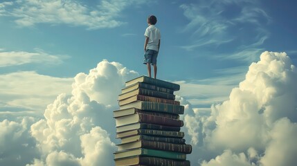 Child standing on books reaching for sky, inspiring concept, outdoors