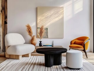Modern Living Room, Cozy Furniture Arrangement With Artistic Decor, Minimalist Style And Warm Lighting In A Stylish Home