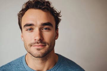 Obraz premium Confident Young Man with Curly Hair in Casual Sweater Against Neutral Background