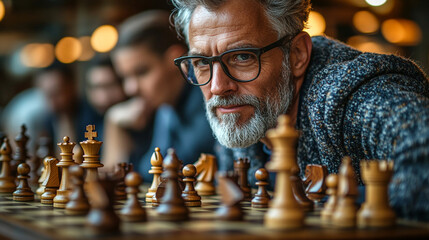 focused middle aged man with glasses playing chess in cozy setting