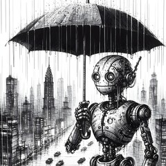 robot under umbrella