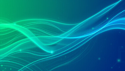 A digital abstract background with flowing blue and green wave patterns, representing technology, data visualization, and modern design in a futuristic concept.