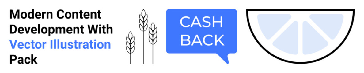 Stylized wheat stalks, cashback speech bubble, and lemon slice graphic. Ideal for agriculture, cashback offers, food marketing, healthy lifestyle, creative branding, commerce flat landing page