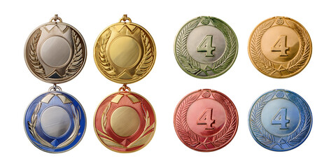 Set of Four Distinct Medals in Gold, Silver, Bronze, and Green, isolated on transparent background