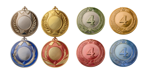 Set of Four Distinct Medals in Gold, Silver, Bronze, and Green, isolated on transparent background