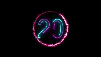 A  circular illustration, and glowing neon 20 number illustration . on a black background.and creating a illustration stunning .
