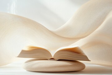 Open Book Rests on Smooth Stone With Abstract Light Waves Emanating in a Serene Minimalist Setting