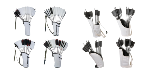 Various Archery Quivers with Arrows in Different Styles and Colors