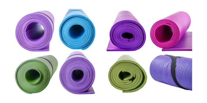 Colorful Yoga Mats Rolled Up for Fitness and Exercise Activities, isolated on transparent background