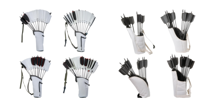 Various Archery Quivers with Arrows in Different Styles and Colors