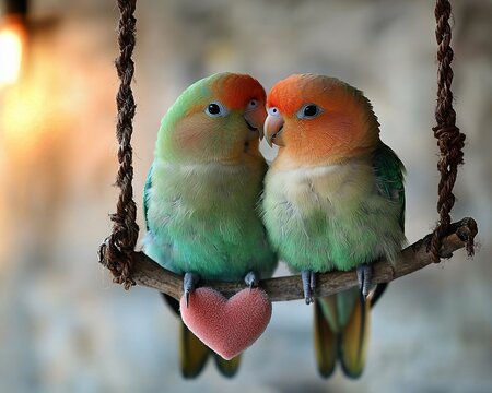 Parrots on swing, love heart, soft light.  Suitable for prints or greeting cards