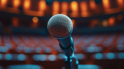 corporate speaker addressing a large audience with confidence at a seminar podium with a microphone and leadership presence