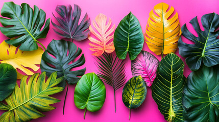 Fototapeta premium Vibrant tropical leaves arranged on a bright pink background showcasing nature's beauty