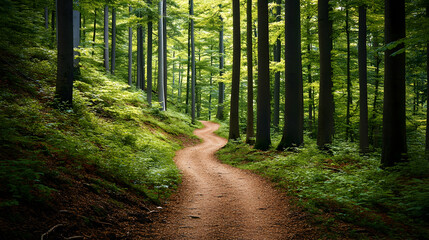 A narrow dirt path meandering through a deep forest, surrounded by towering trees and vibrant undergrowth
