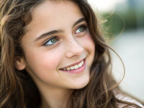Young girl portrait, bright blue eyes, radiant smile, long wavy brown hair, natural beauty, soft lighting, outdoor setting, bokeh background, close-up shot, high definition, photorealistic