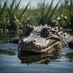 Fototapeta premium A crocodile with only its eyes visible above the water.