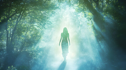 Fototapeta premium Mystical Forest Walk with Ethereal Light Silhouette
