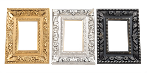 Ornate Picture Frames on White, Three Distinct Designs for Home Decor, PNG Transparent