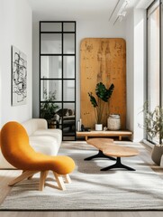 Modern Living Room, Featuring Colorful Curved Sofa and Stylish Wooden Coffee Table, Inviting Cozy Atmosphere, Contemporary