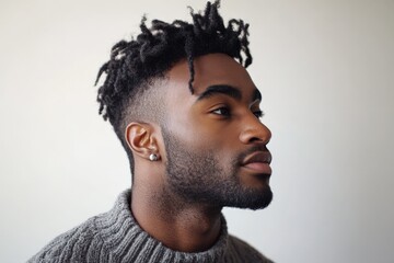 Obraz premium Stylish Young Man with Natural Hair and Sweater Posing in Soft Light