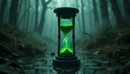 a cursed hourglass made of dark obsidian, glowing green toxic sand inside, placed in a foggy, eerie swamp, mysterious lighting, cinematic horror aesthetic