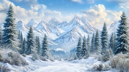 Fototapeta premium Snow Covered Mountain Peaks And Winter Forest Path