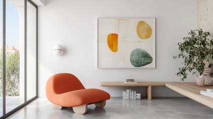 Modern Living Room, Featuring Cozy Sofa and Abstract Art, With Greenery and Natural Light, Inviting Contemporary Design