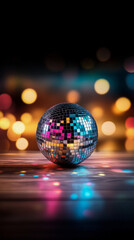 Fototapeta premium Disco Ball Under the Spotlight: A classic silver disco ball takes center stage, reflecting a kaleidoscope of colors from the twinkling lights in the background.